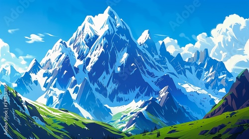 mountains snow green grass blue sky production aliased brilliant peaks panoramic streaming sweaty mountain