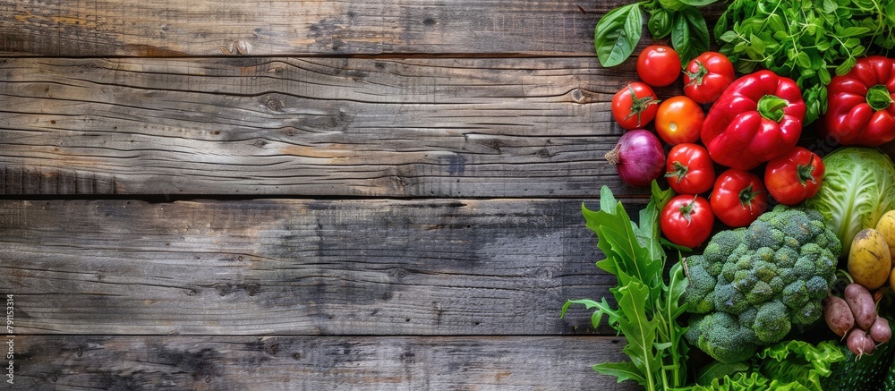 Fresh produce from the farmer's market displayed on a wooden surface with empty space for text. Fresh produce from the farmer's market displayed on a wooden surface with empty space for text.
