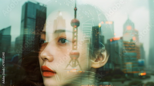 A pensive young Korean woman looks dreamily to the side, looking away from the window, tension, night city, reflection of the buildings. Double exposure, cool tones