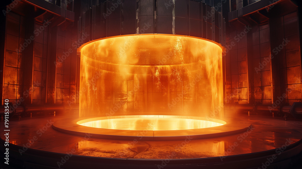 A glowing molten salt storage unit within an industrial thermal energy storage system, illustrating its capability to handle large-capacity energy storage. , natural light, soft sh A glowing molten salt storage unit within an industrial thermal energy storage system, illustrating its capability to handle large-capacity energy storage. , natural light, soft sh
