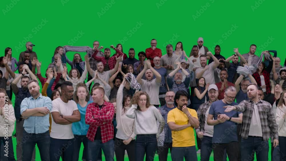 Group of diverse people support soccer team playing in world league. Big crowd of multiethnic supportive sports fans gesticulate and shout during football match on stadium. Green screen. Alpha channel