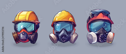 A set of colorful, detailed industrial safety helmets with attached masks and goggles on a light grey background.