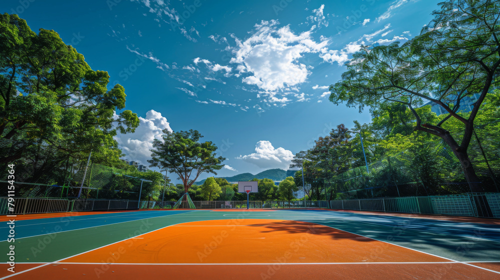 A vibrant basketball court under blue skies, surrounded by lush greenery and mountains in the distance.