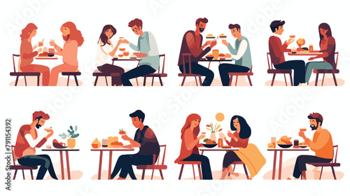 Collection of cute people sitting at tables and eat