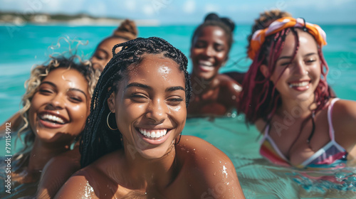 Young women at vacation swimming at the sea. Diversity