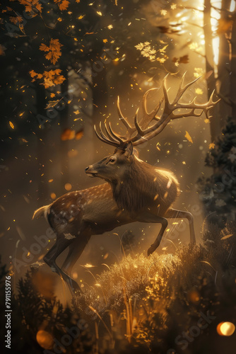 A deer dashes through a dark forest under the moonlight, its hooves kicking up leaves as it moves swiftly through the trees © sommersby