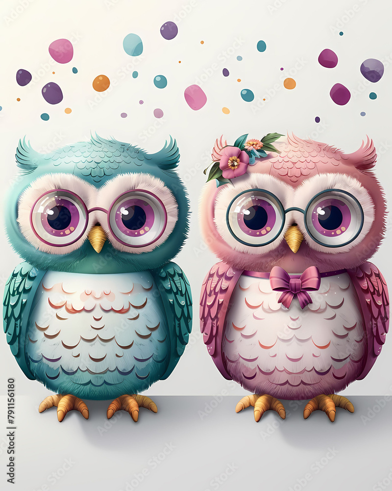 Obraz premium Cute Cartoon Baby Owls in Pastel Colors with Flowers & Bows, Ideal for Childrens Wallpaper & Nursery Decor