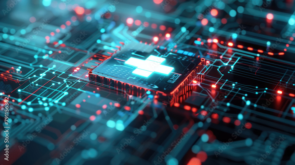 A computer chip illuminated by vibrant red and blue lights, showcasing advanced technology and intricate circuitry A computer chip illuminated by vibrant red and blue lights, showcasing advanced technology and intricate circuitry