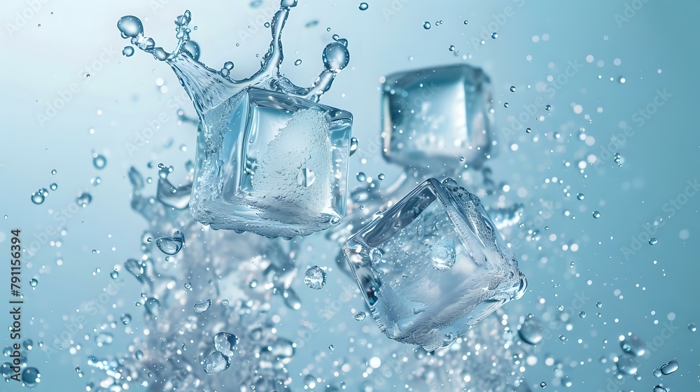 Bubbly Ice Cubes in Serene Blue Water Bubbly Ice Cubes in Serene Blue Water
