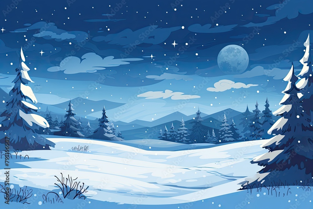 winter landscape with snow-covered trees and stars