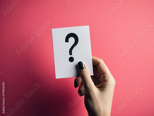 hand holding a card with a question mark on a pink background