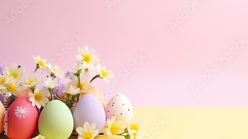 easter eggs and daisies on pink and yellow background