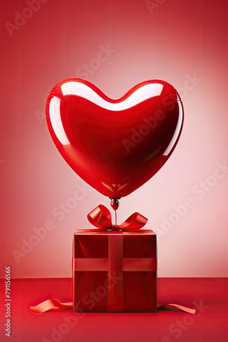 heart-shaped balloon on a gift box against red background