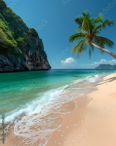 Colorful painting depicting Phukets iconic white sandy beach, palm trees, and dramatic cliff formations, capturing the vibrant beauty of Thailands coastal paradise photo