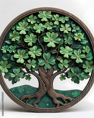 Welcome sign for St. Patricks Day: Vibrant, laser-cut, green legs, circular, multi-part, white background, art-focused digital rendering. photo