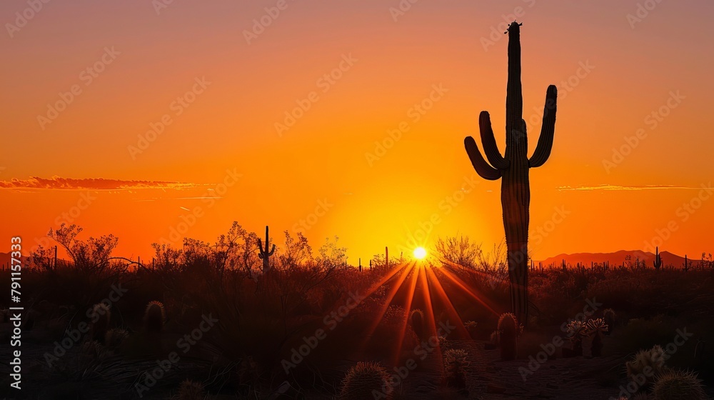 Stark Contrast of Lone Cactus Silhouette Against Desert Sunset Stark Contrast of Lone Cactus Silhouette Against Desert Sunset