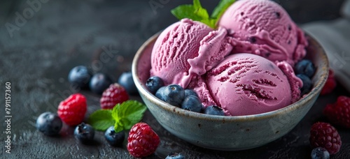 Bowl of Ice Cream With Blueberries and Raspberries