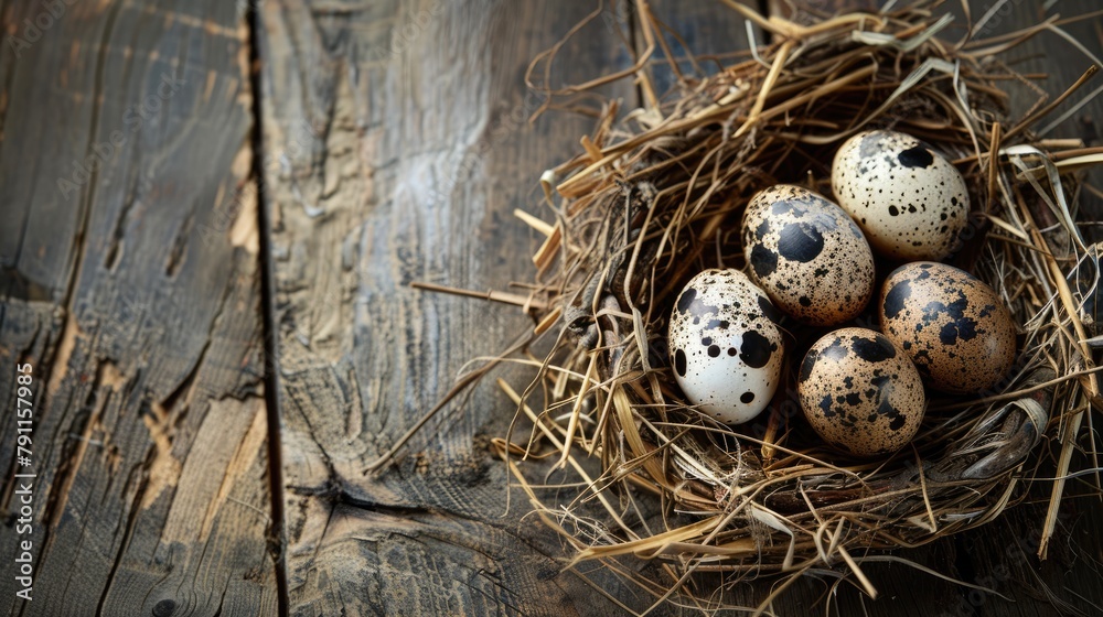 Eggs of quail within a hay made nest on a wooden backdrop Eggs of quail within a hay made nest on a wooden backdrop