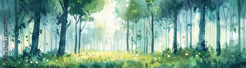 A painting depicting tall trees and lush green grass in a dense forest setting