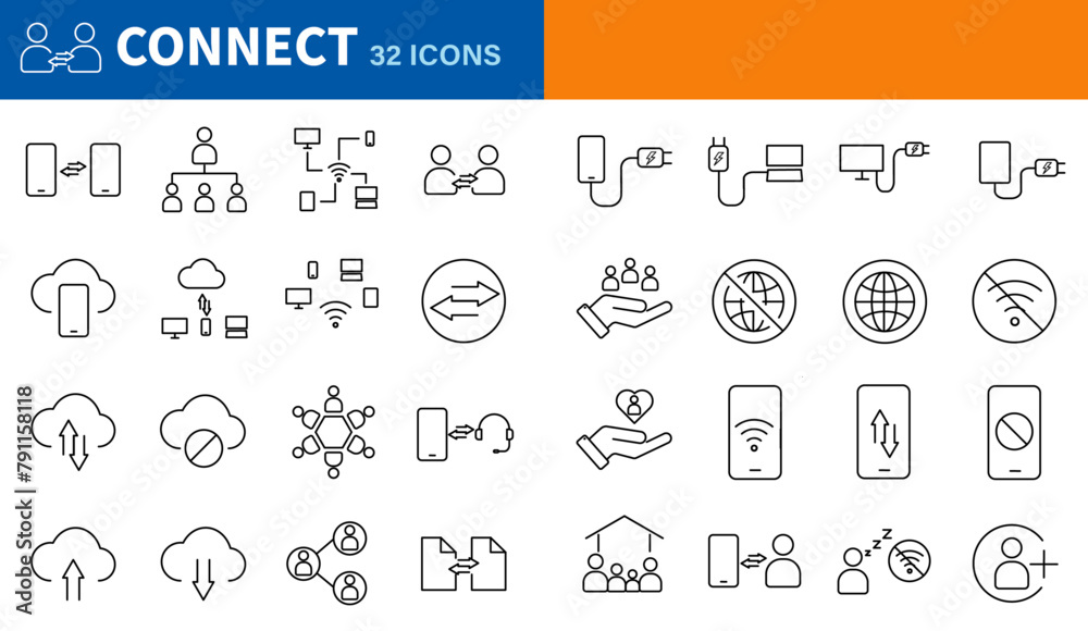 Connect icon set. Editable thin line stroke icon on the theme of networking and connecting people.