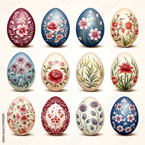 Vector illustration, set of easter eggs. Gorodets painting stylization. Russian native floral ornaments