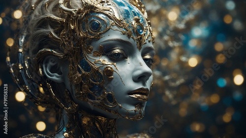 Highly detailed, ornate robotic woman captured in moment of stillness, surrounded by cascade of sparkling lights that dance around intricate designs carved into its metallic surface. Figures head. © Tamazina