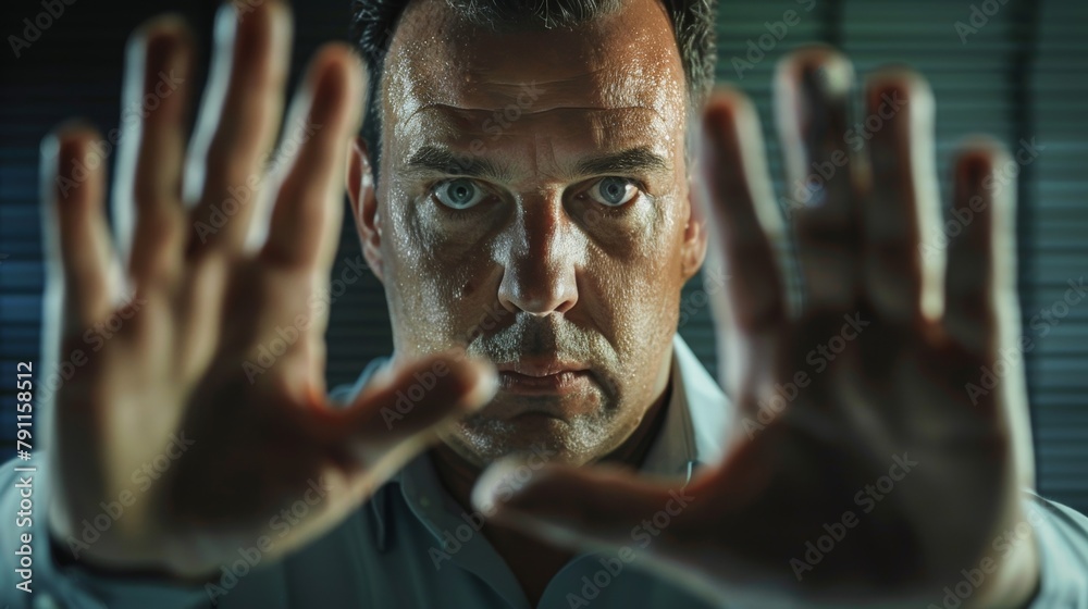 Fototapeta premium A hostage negotiator stands calmly with their hands up in a nonthreatening gesture using eye contact and open body language to establish trust. .