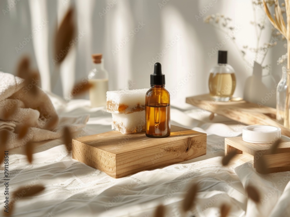 Wooden Tray With Soap and Lotion Bottles Wooden Tray With Soap and Lotion Bottles