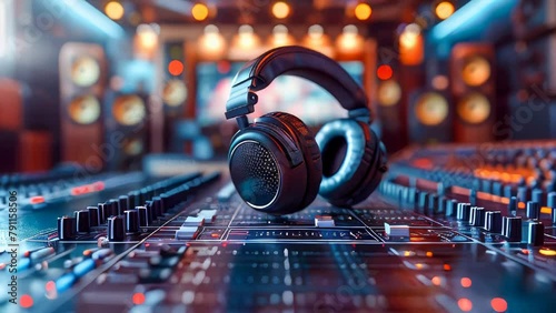 Headphones on sound mixer. Music concept photo