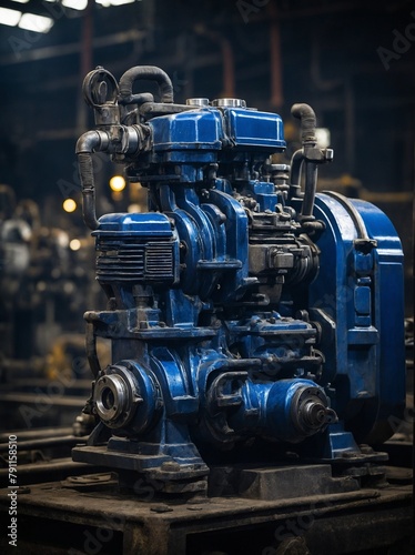 Complex blue industrial machine with multiple pipes, valves dominates foreground, situated on wooden pallet in what dimly lit workshop; intricate network of metallic pipes, some with flanges.