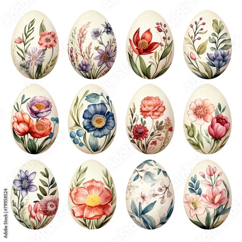 Set of watercolor multicolored, floral Easter eggs and eggs with ears and multicolored feathers on a white background. The image can be used in greeting cards, posters, flyers, banners, logos