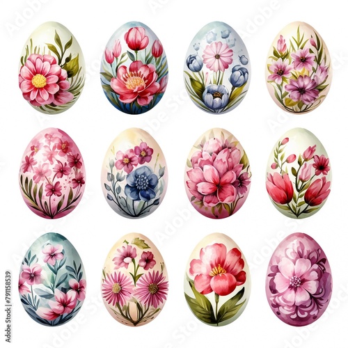 Set of watercolor multicolored, floral Easter eggs and eggs with ears and multicolored feathers on a white background. The image can be used in greeting cards, posters, flyers, banners, logos