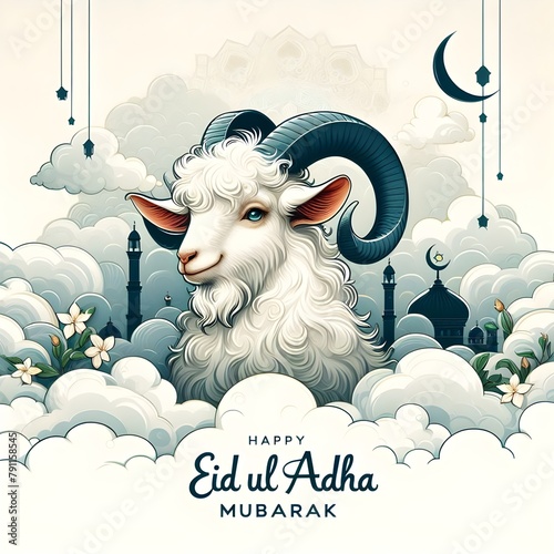 Eid ul Adha, Islamic festival of sacrifice, Eid-Al-Adha beautiful sheep style concept with illustration of sheep, cloudy & mosque background, happy Eid ul Adha Muslim festivals, Eid Mubarak, Ai pic
