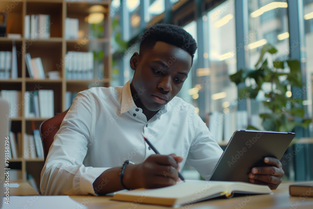 young African-American man in a white shirt, taking a test at a job interview. young African-American man in a white shirt, taking a test at a job interview.