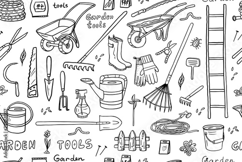 Seamless pattern of garden tools in doodle style. Watering can, spade, trowel, fork, pruners, shears, wheel barrow, seeds, spray, ladder. Great for banners, websites, packaging. Hand drawn photo