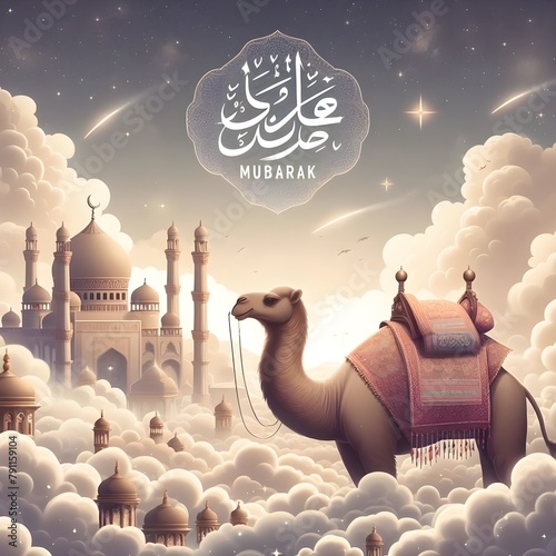 Eid mubarak, eid al adha mubarak with a camel, with a cloudy background with mosque , moon, lamps, stars, title EID UL ADHA MUBARAK  muslim festival 2024. Eid celebration, ai generated images photo