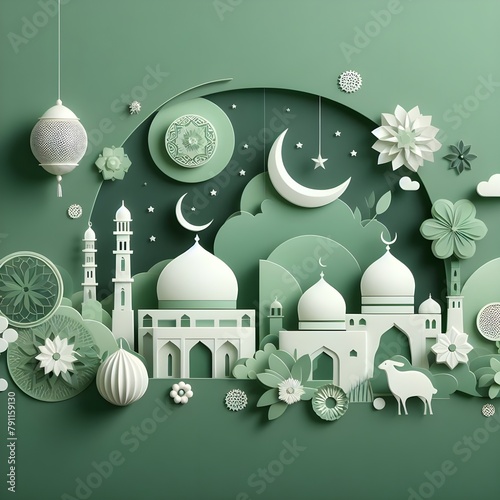 green color Elegant Ramadan, eid mubarak, eid aldha celebration banner with crescent moon hidden behind mosque and title Eid Mubarak aside,image. happy holiday, with lamps stars, cloud, mosque
 photo