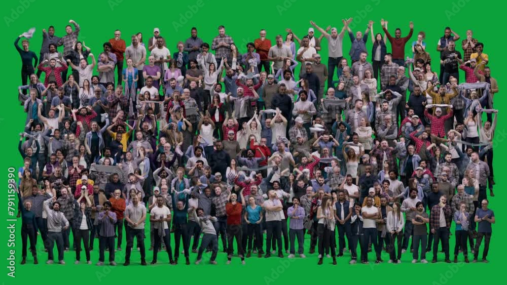 Group of multicultural people cheering for football team playing in world league. Huge crowd of supportive sport fans gesticulate and shout watching soccer match on stadium. Chroma key. Alpha channel.