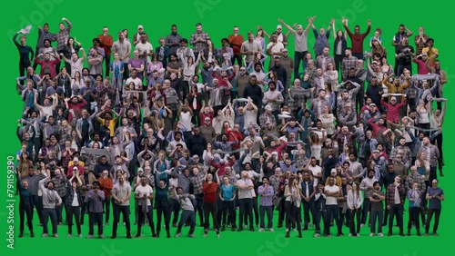 Group of multicultural people cheering for football team playing in world league. Huge crowd of supportive sport fans gesticulate and shout watching soccer match on stadium. Chroma key. Alpha channel.