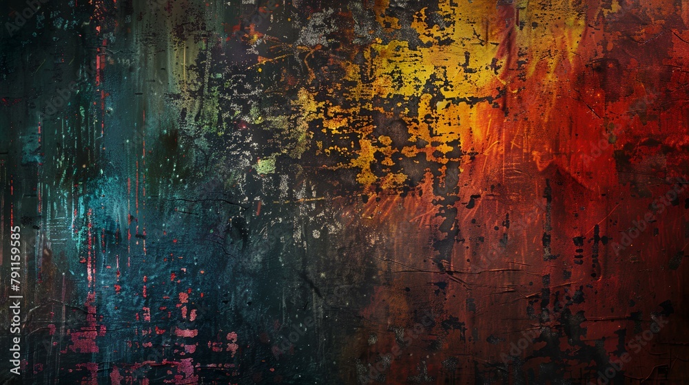 Grunge textured background. Old painted brick wall. Red, orange and blue colors.