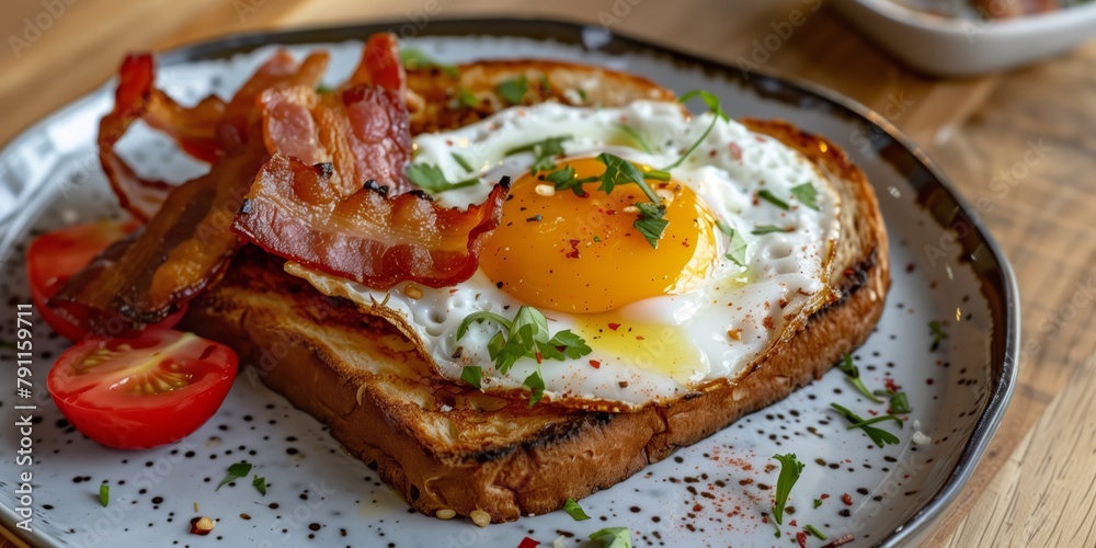 A plate featuring brown toast topped with a fried egg and crispy bacon. A plate featuring brown toast topped with a fried egg and crispy bacon.