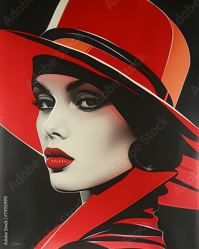 Vibrant Pop Art Silkscreen: Woman in Red Hat, Flags by Frankie Pearce - Captivating and Artistic Portrait. photo