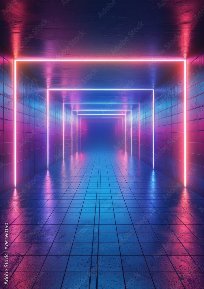 Neon-Lit Hallway With Tiled Floor Neon-Lit Hallway With Tiled Floor