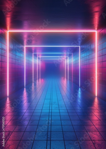 Neon-Lit Hallway With Tiled Floor