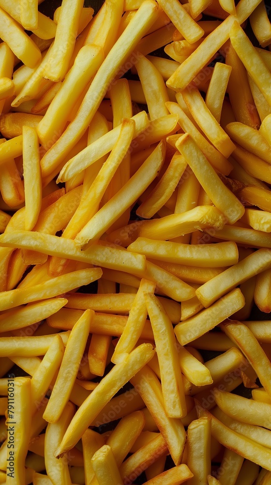 A stack of golden French fries neatly arranged on top of a flat surface. A stack of golden French fries neatly arranged on top of a flat surface.