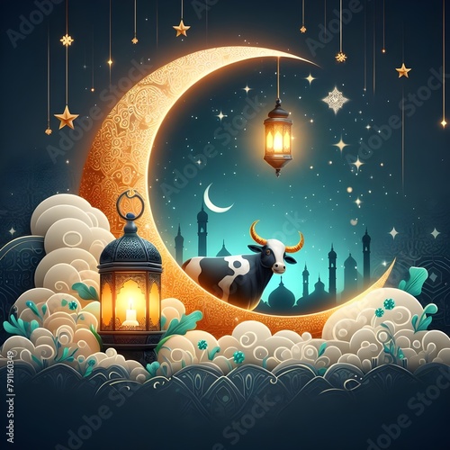 Eid ul Adha Mubarak, Eid Mubarak Muslim festival for Haj Eid celebration Creative ads with goat and moon, lamp, Mosque for social media , banner, poster, greeting card. Ai generated image
Eid ul Adha 