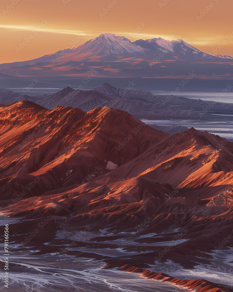 Fototapeta premium Colorful Sunset Landscape Painting: Aerial View of Atacama Desert Mountain Range with Vibrant Hues