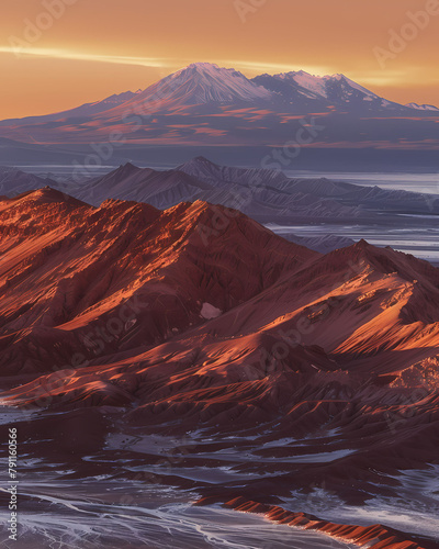 Colorful Sunset Landscape Painting: Aerial View of Atacama Desert Mountain Range with Vibrant Hues