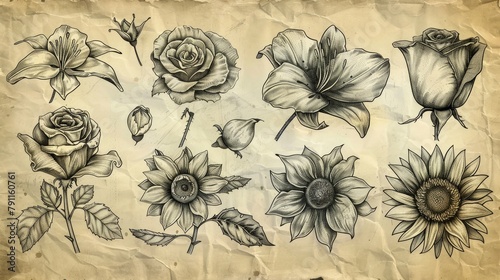HandDrawn Line Icon Set of Vintage Flower Sketches on Textured Paper