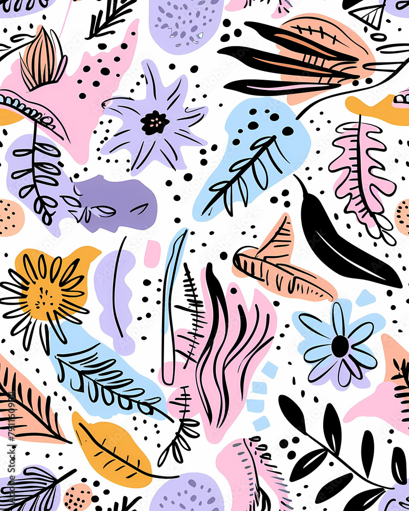 Obraz premium Boho Doodles Seamless Pattern with Colorful Flowers and Leaves in Pastel Hues